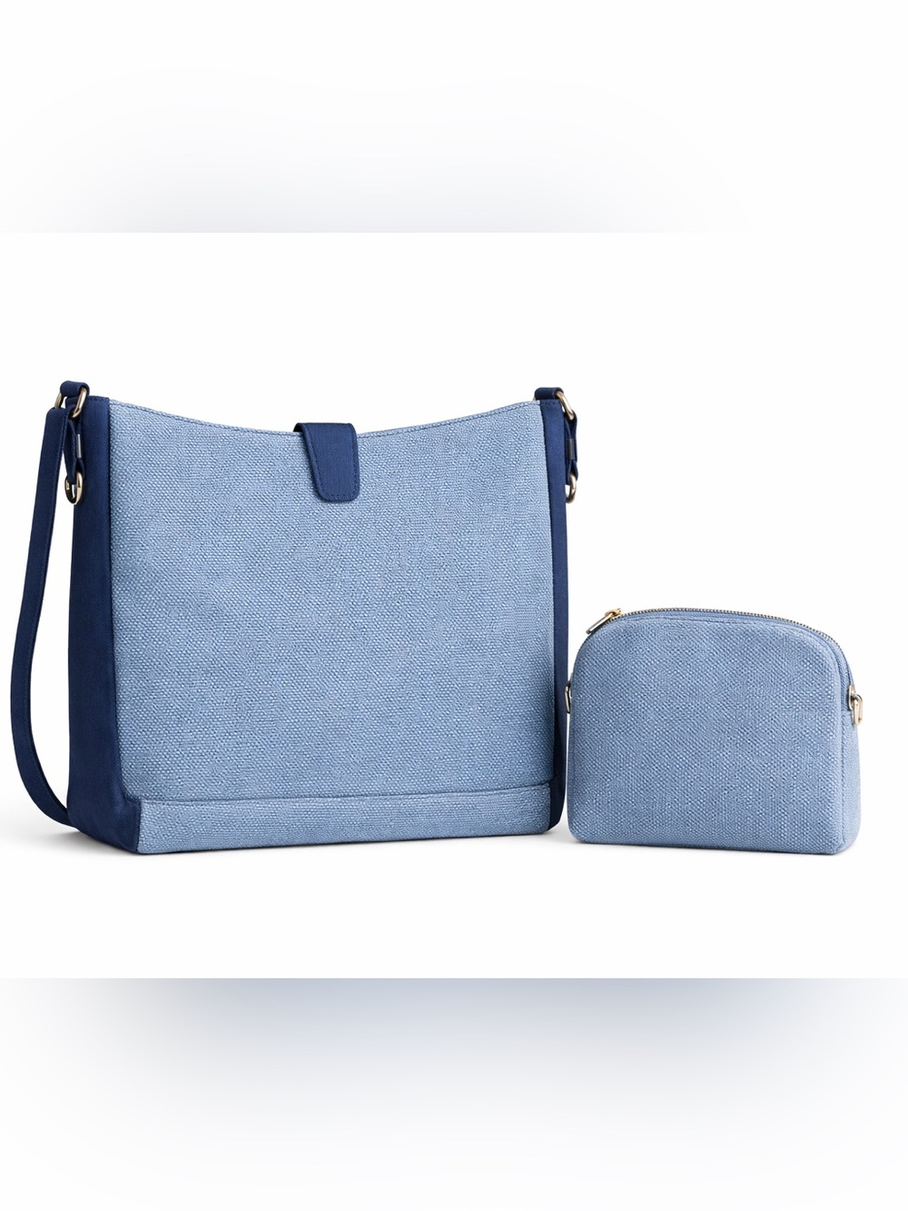 Blue Shoulder Bag Set Medium Large 11x14 w/ Detailed Strap + Matching Pouch NWT
